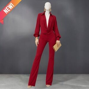 New MI558 “Marzelle” Burgundy Chiffon Cowl Neck Jumpsuit - Women
